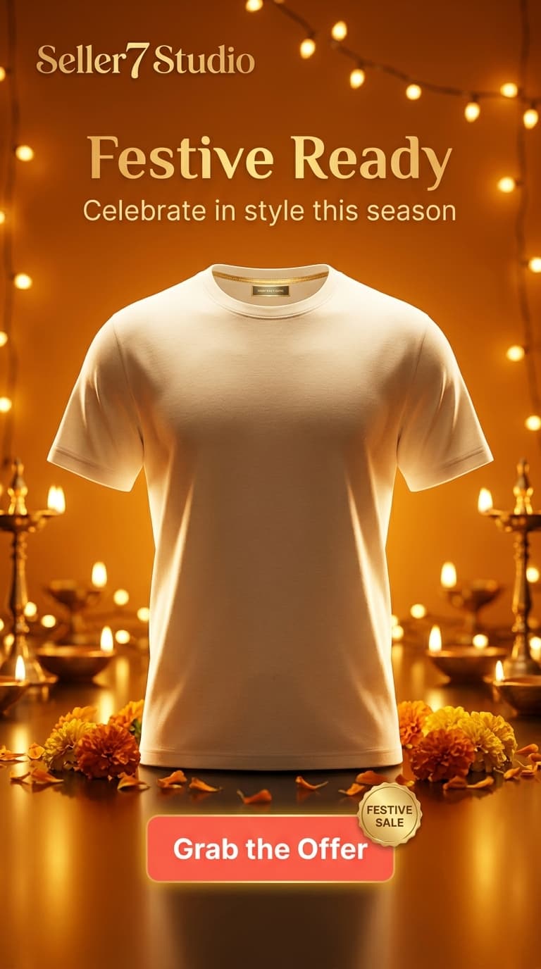 AI-generated festive diwali style product photo of a white t-shirt for an online store listing