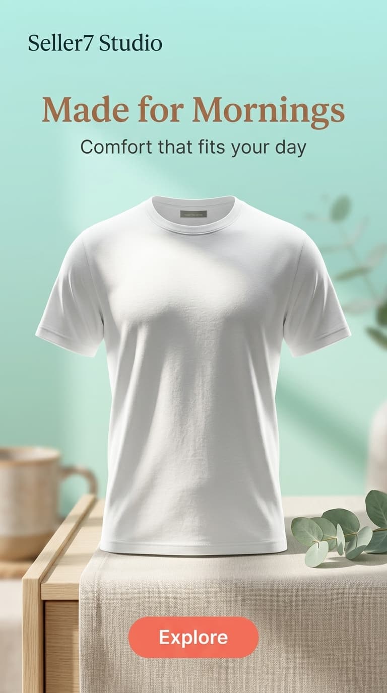 AI-generated lifestyle kitchen style product photo of a white t-shirt for an online store listing